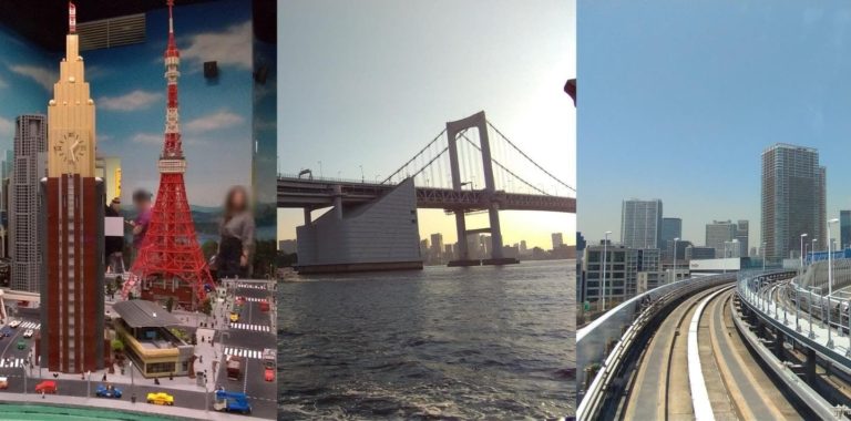 写真左、レゴのジオラマ、写真中央、水上バスから見た橋、写真右、ゆりかもめ先頭車両からの景色