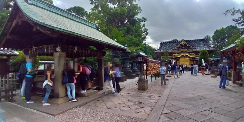 上野東照宮の手水舎をのぞき込む外国人観光客